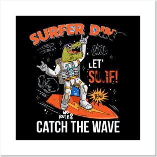 funny cool dude in space suit surfer dino green t rex catch the wave on space surfboard Posters and Art